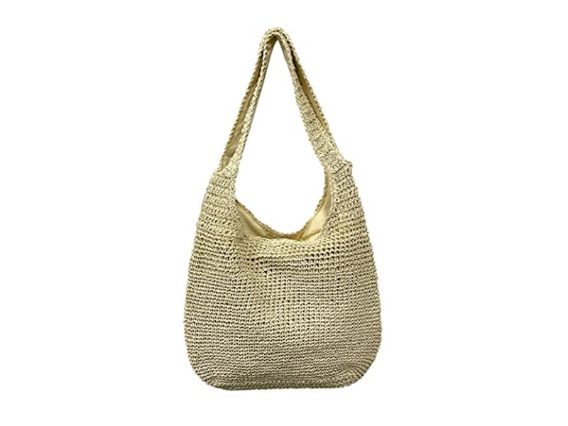 حقيبة صيفية لطيفة من القش بشبكة صيد وخرز مزيف أزرق مع زهرة