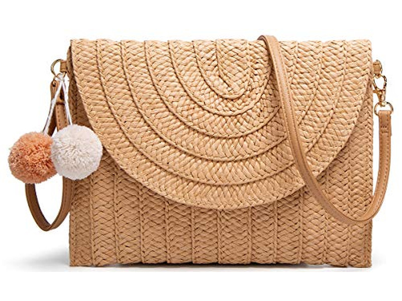 حقيبة قش أسطوانية خضراء للسيدات حقائب يد خفيفة الوزن شبكية للشاطئ