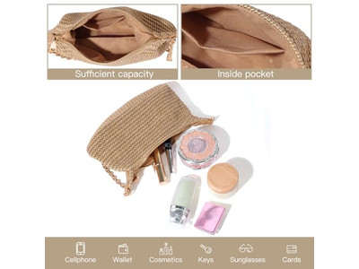 حقيبة قش محبوكة وحقيبة ورقية صغيرة بسلسلة جاكارد مخيطة يدويًا بوهيمية