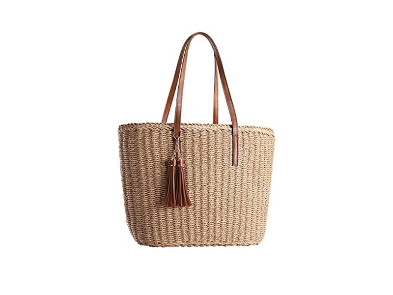 حقيبة قش مبتسمة بحزام واحد موك فارغ بني حرفي أخضر طباعة هندية ريترو للنساء